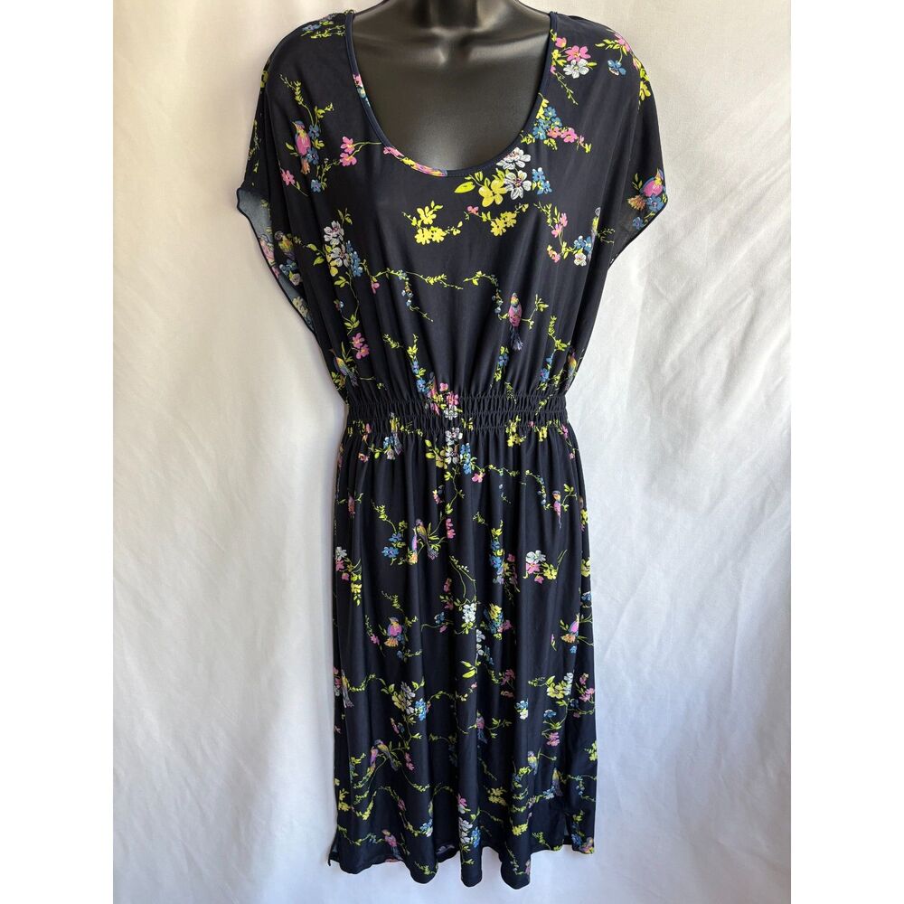 Young USA Navy Blue Floral Midi Open Back Dress Size M Shift Feminine Church